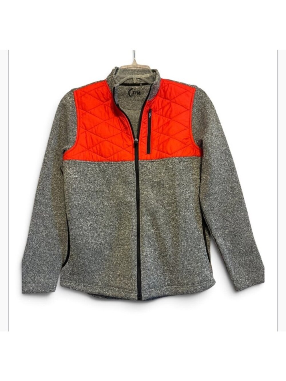 Zyia Active Women’s Gray Sweater Knit With Red Quilted Top Zip Jacket Coat Size